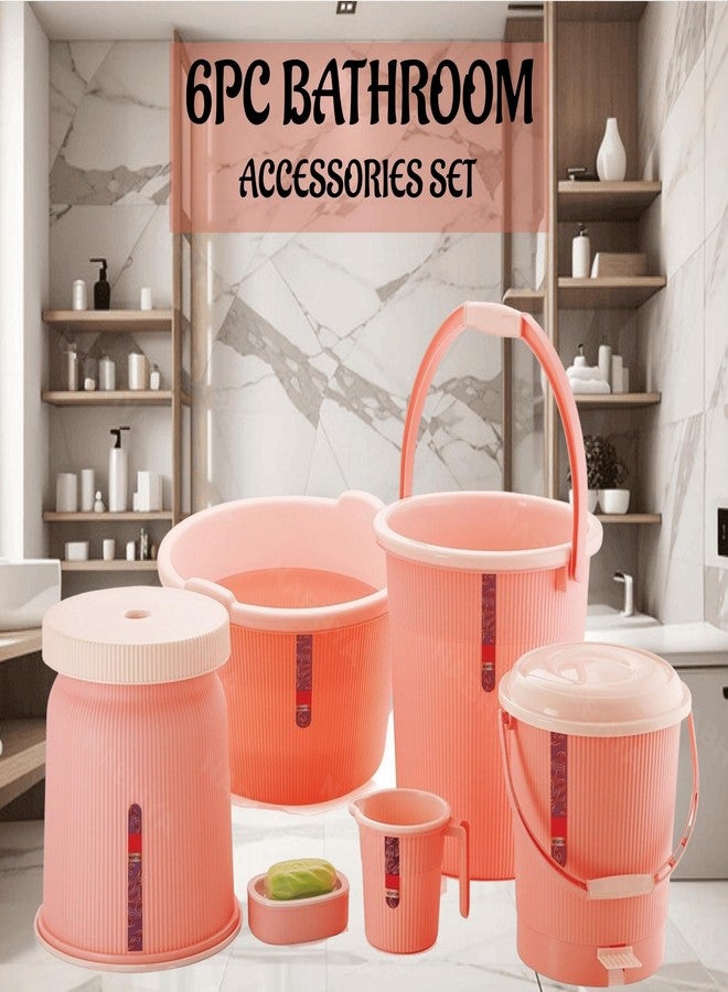 نابيا مجموعة نابيا المكونة من 6 قطع من إكسسوارات الحمام نيوتن، طقم حمام بلاستيكي مع دلو بلاستيكي سعة 20 لترًا، حوض استحمام، كوب صغير، كرسي كبير، علبة صابون، وسلة مهملات للمنزل والمطبخ والحمام (وردي) - Image 3